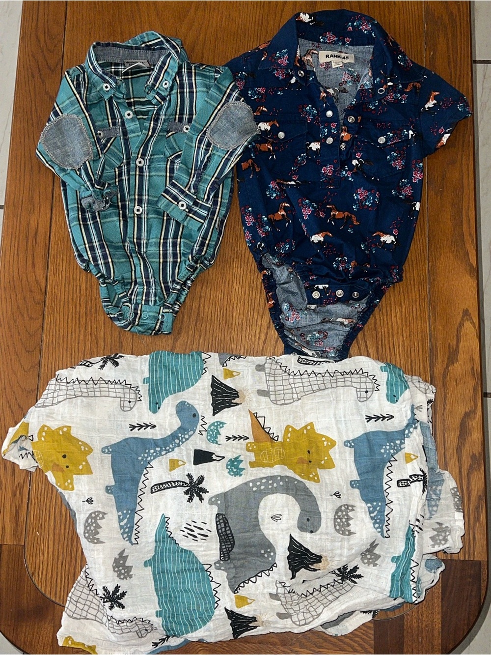 Baby Boy 3-6M Bundle | 2 Button-Up Bodysuits + Dinosaur Car Seat Cover